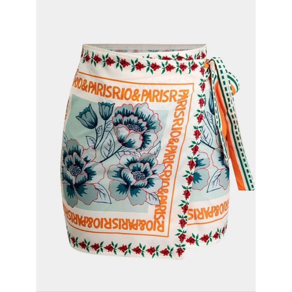 Retro floral printed tie waisted mini wrap vacation artsy skirt size xxl
